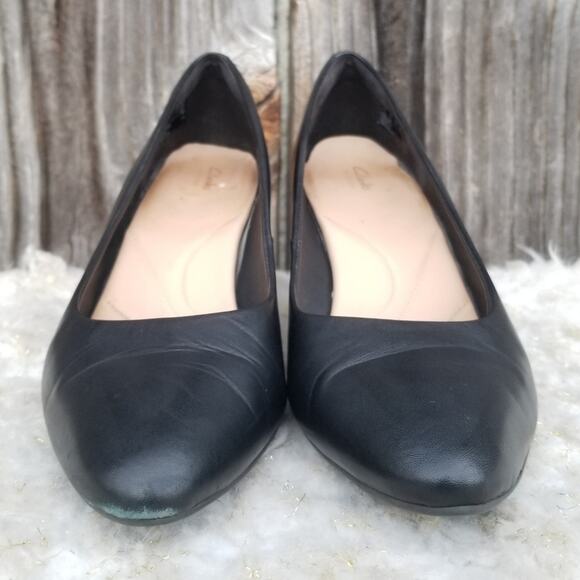 Black Leather Work Pumps Clarks Artisan Calla Rose Size 9 Comfort Cushion Heels - Picture 2 of 14